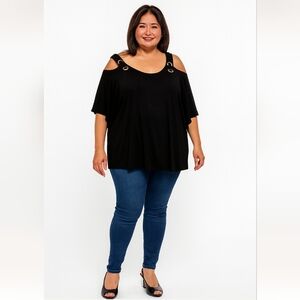 Elegant Black Women's Slinky Cold Shoulders Top with Gold Accents